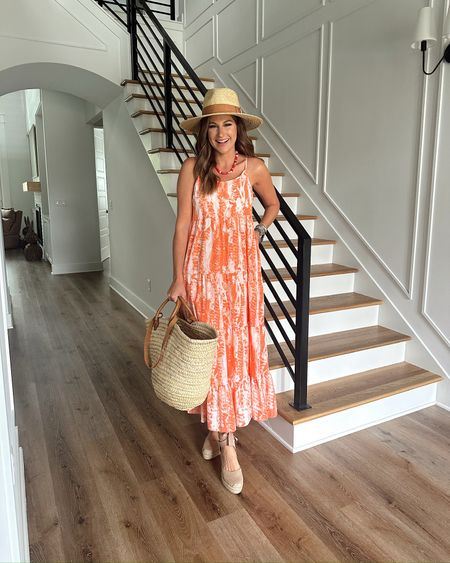 In a small flowy boho maxi, hat, straw tote, tie up espadrille wedges, necklace and accessories for spring - all fits TTS.

#LTKfindsunder50 #LTKSeasonal #LTKstyletip