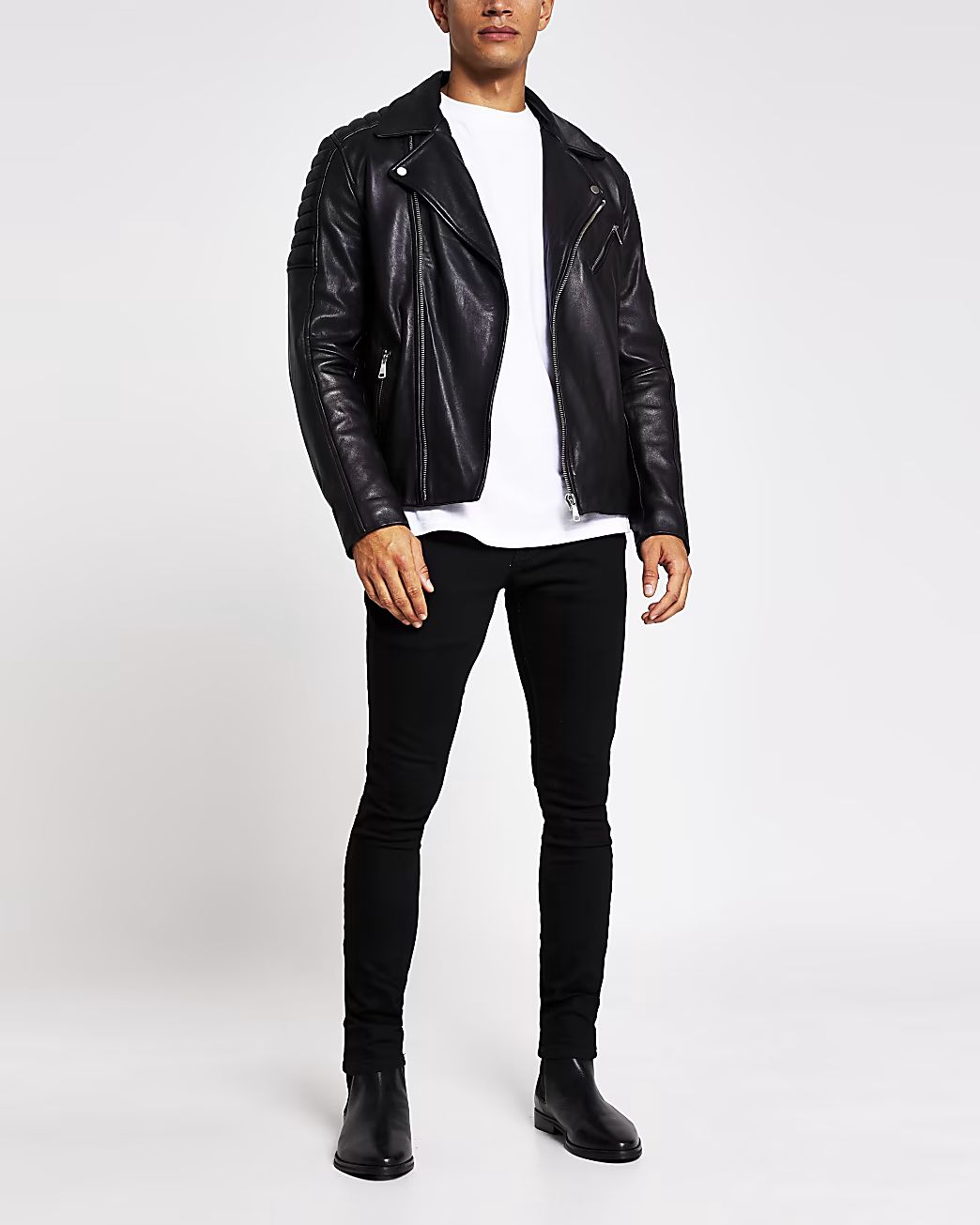 River Island Mens Black leather biker jacket | River Island (US)