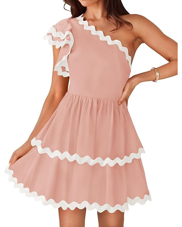 ZESICA Women's 2025 Summer One Shoulder Dresses Ruffle Short Sleeve Tiered Layered Swing A Line M... | Amazon (US)