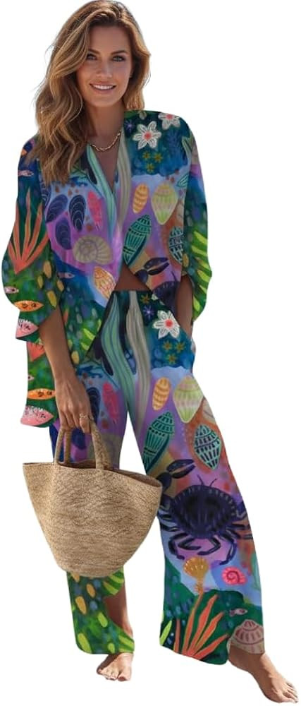 Women's Beach Vacation 2 Piece Outfits Long Sleeve Button Shirt Elastic Waist Wide Leg Pants Casu... | Amazon (US)