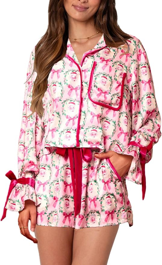 Faretumiya Women 2 Piece Christmas Pajamas Set Bow Tie Long Sleeve Shirt Ruffle Shorts Colorful S... | Amazon (US)