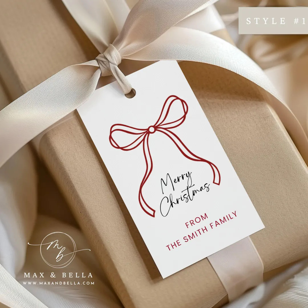 PRINTED Personalized Christmas Gift Tags, Simple Bow, Holiday Gift Tags, Minimalist Tags, Happy H... | Etsy (US)