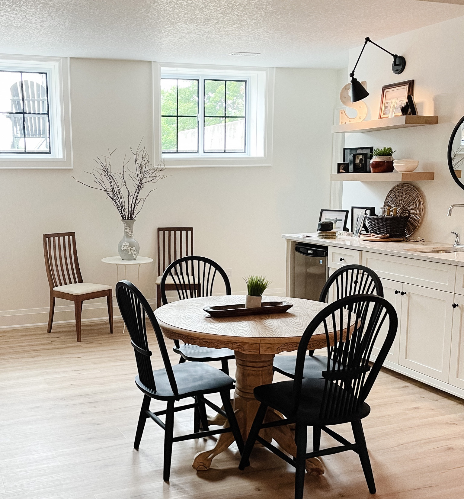 FARMHOUSE REC ROOM DECOR
.
Black chairs
Vintage chairs 
Light wood table
Black lights 
.
A good start 🤍

#LTKstyletip #LTKFind #LTKhome