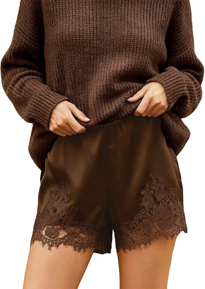 Satin Lace Shorts for Women Silk Slip Pajama Bottoms Mid Rise Coquette Lounge Streetwear Shorts | Amazon (US)