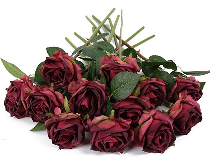 IPOPU Burgundy Roses Artificial Flowers 12PCS Roses Flowers Heads Dried Silk Flowers Burgundy Flo... | Amazon (US)