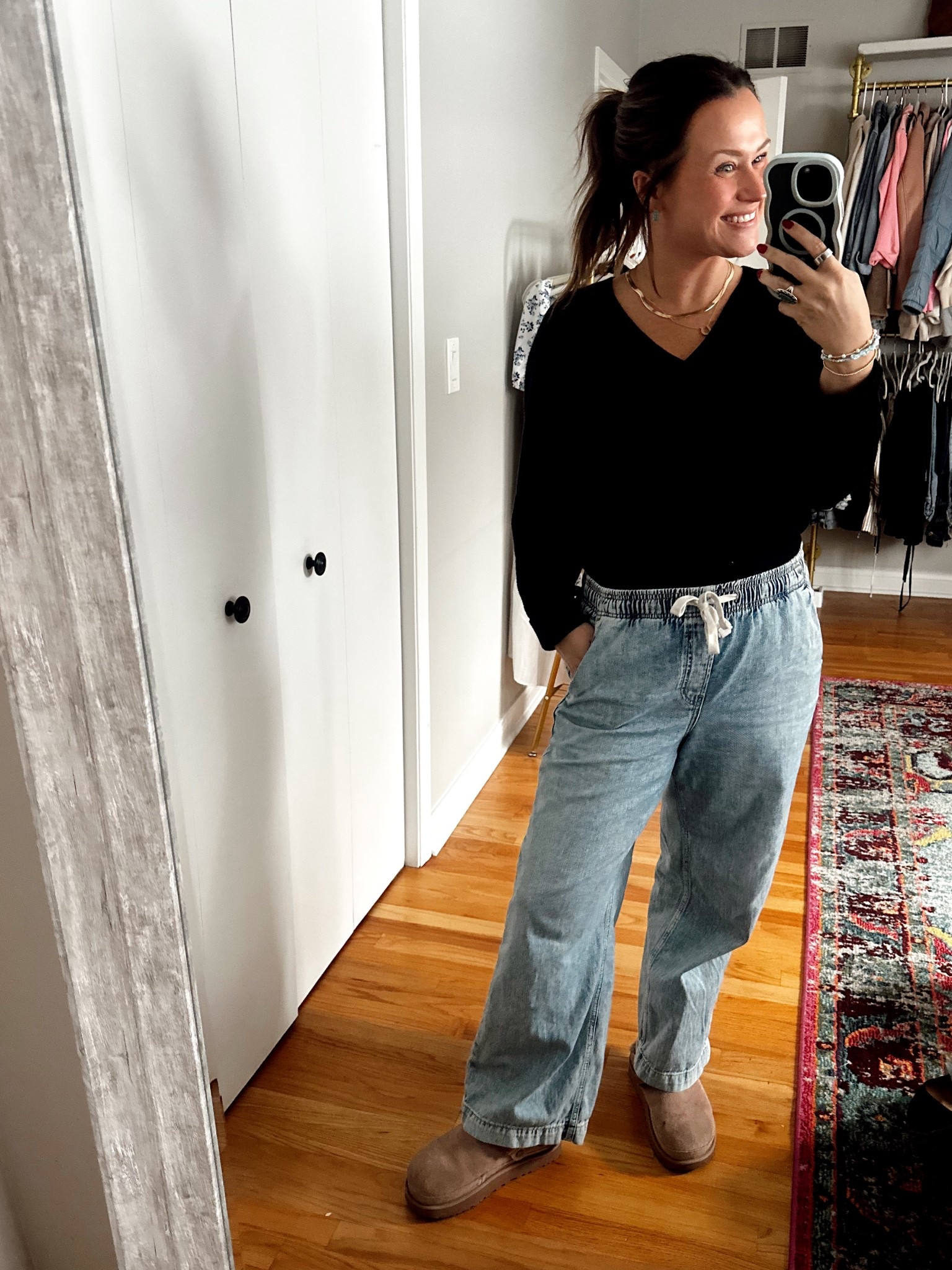 The best comfy jeans and they are 60% off right now! Great for early pregnancy and postpartum! This sweater is on sale for $18, linked my jewelry and everyday Uggs #momoutfit #outfitidea #jeans #widelegjeans #denim #postpartum 

#LTKmomlife #LTKFindsUnder50 #LTKSaleAlert