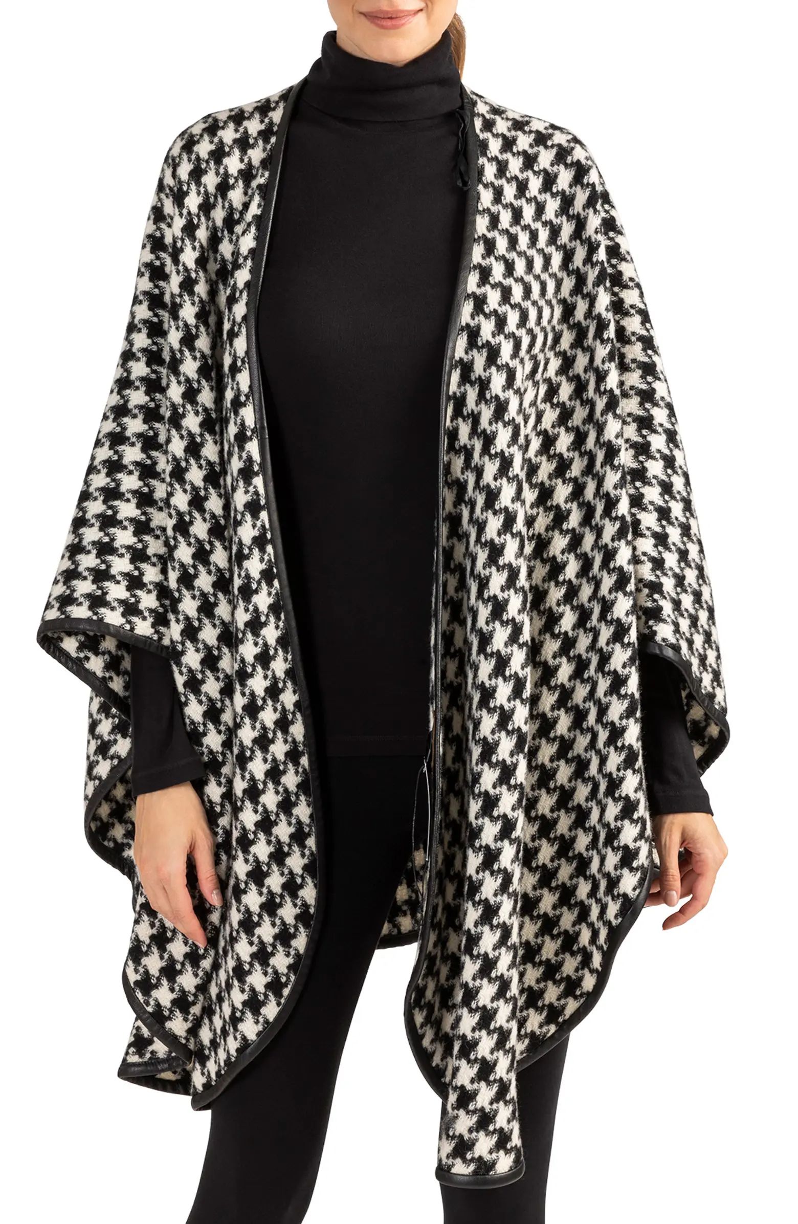 Sofia Cashmere Houndstooth Leather Trim Alpaca Blend Cape | Nordstrom | Nordstrom