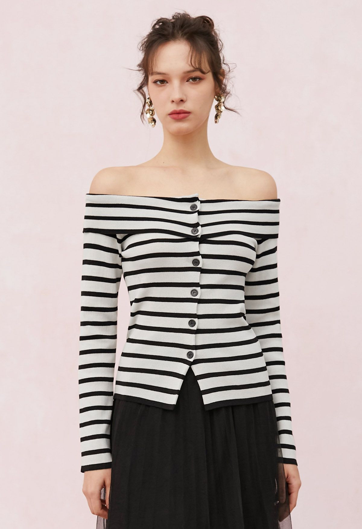 Off-Shoulder Button Down Striped Knit Top in Black | Chicwish