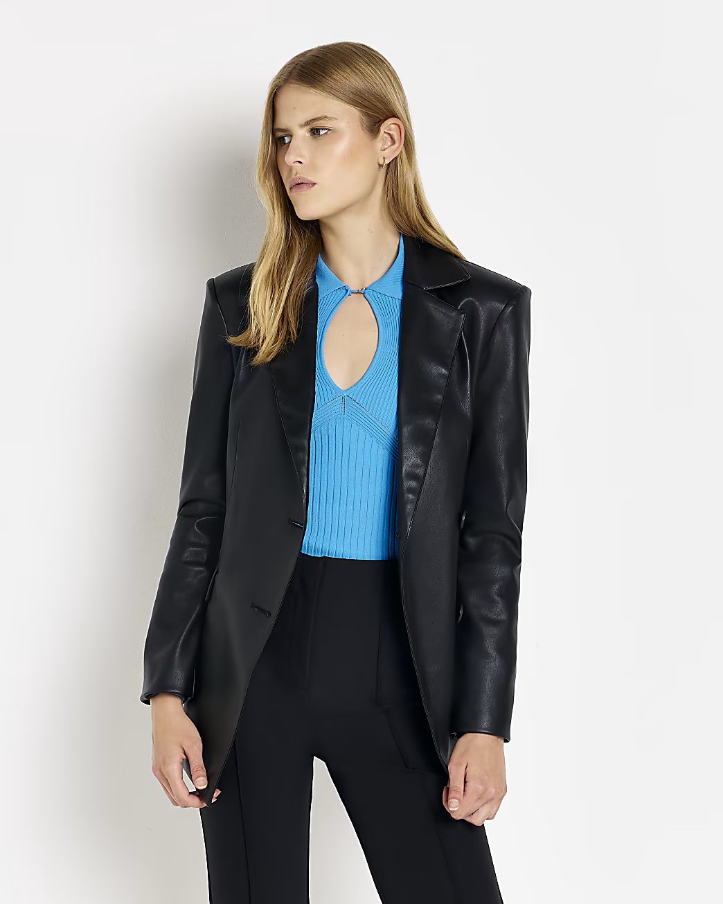 River Island Womens Black faux leather cinched blazer | River Island (UK & IE)