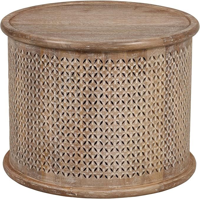 23-inch Diameter Mango Wood Drum Coffee Table Brown White Bohemian Eclectic Modern Contemporary R... | Amazon (US)
