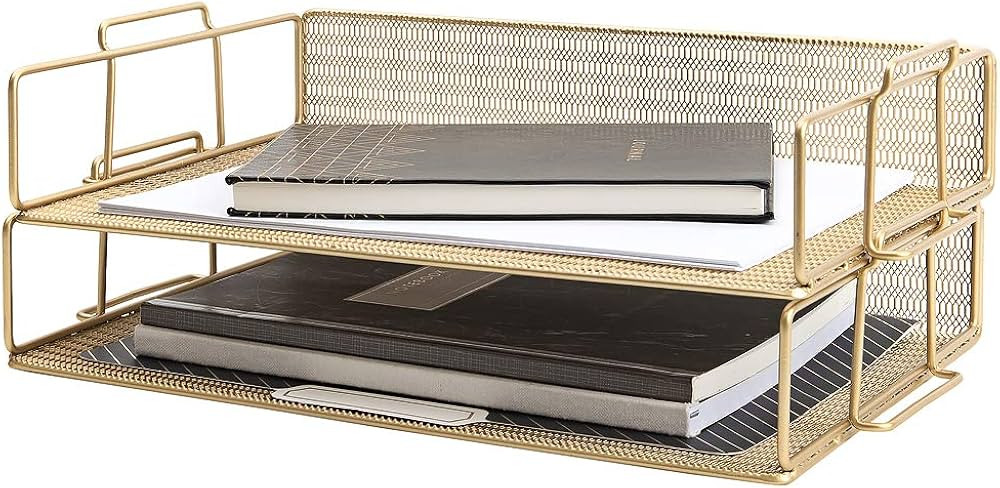 Gold File Organizer for Desk Gold Office Desk Accessories 2 Tier Gold Paper Tray - Document Tray ... | Amazon (US)