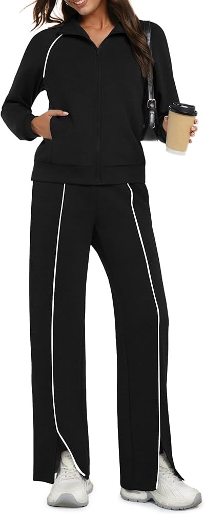 Womens 2 Piece Outfits 2025 Casual Zip Up Sweatsuits Lounge Set Airport Travel Wide Leg Pants Str... | Amazon (US)