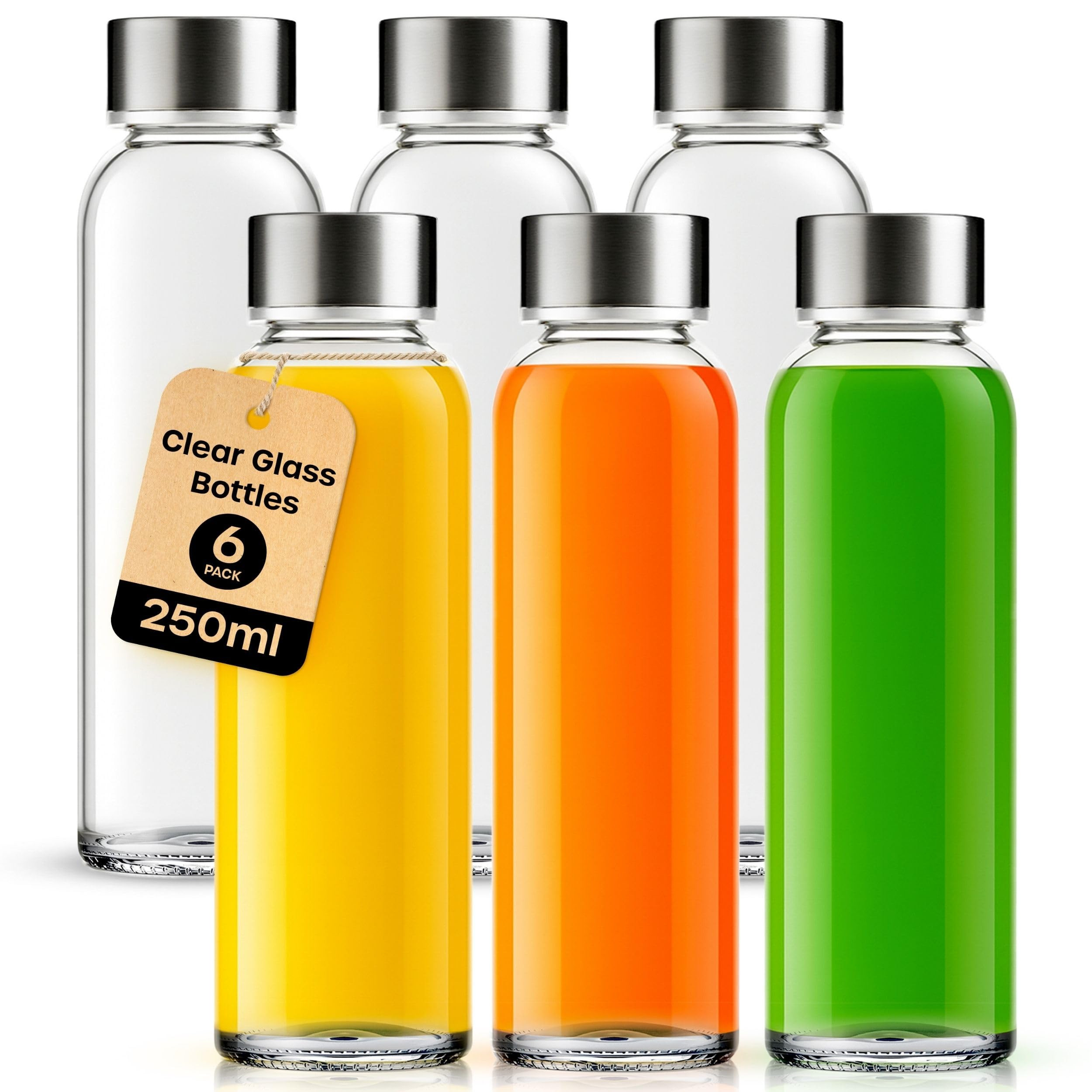 volila Glass Bottles with Lids - 6 Pack 250ml Leakproof, Reusable Glass Drinking Bottle for Water... | Amazon (UK)