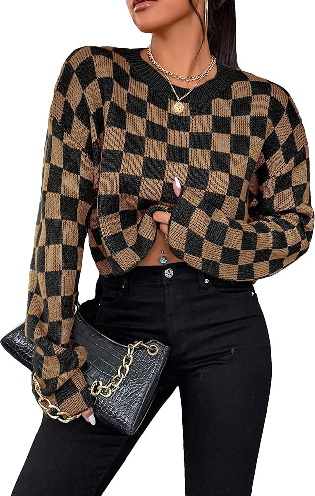 SOLY HUX Women's Checkered Sweater Long Sleeve Ribbed Knit Drop Shoulder Pullover Crop Tops | Amazon (US)