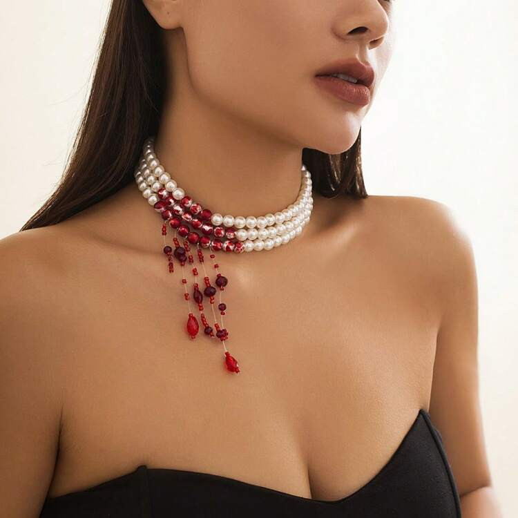 Trends1pc Gothic Pearl Necklace - Weird And Chic Blood Drop Tassel Pendant, Suitable For Women An... | SHEIN