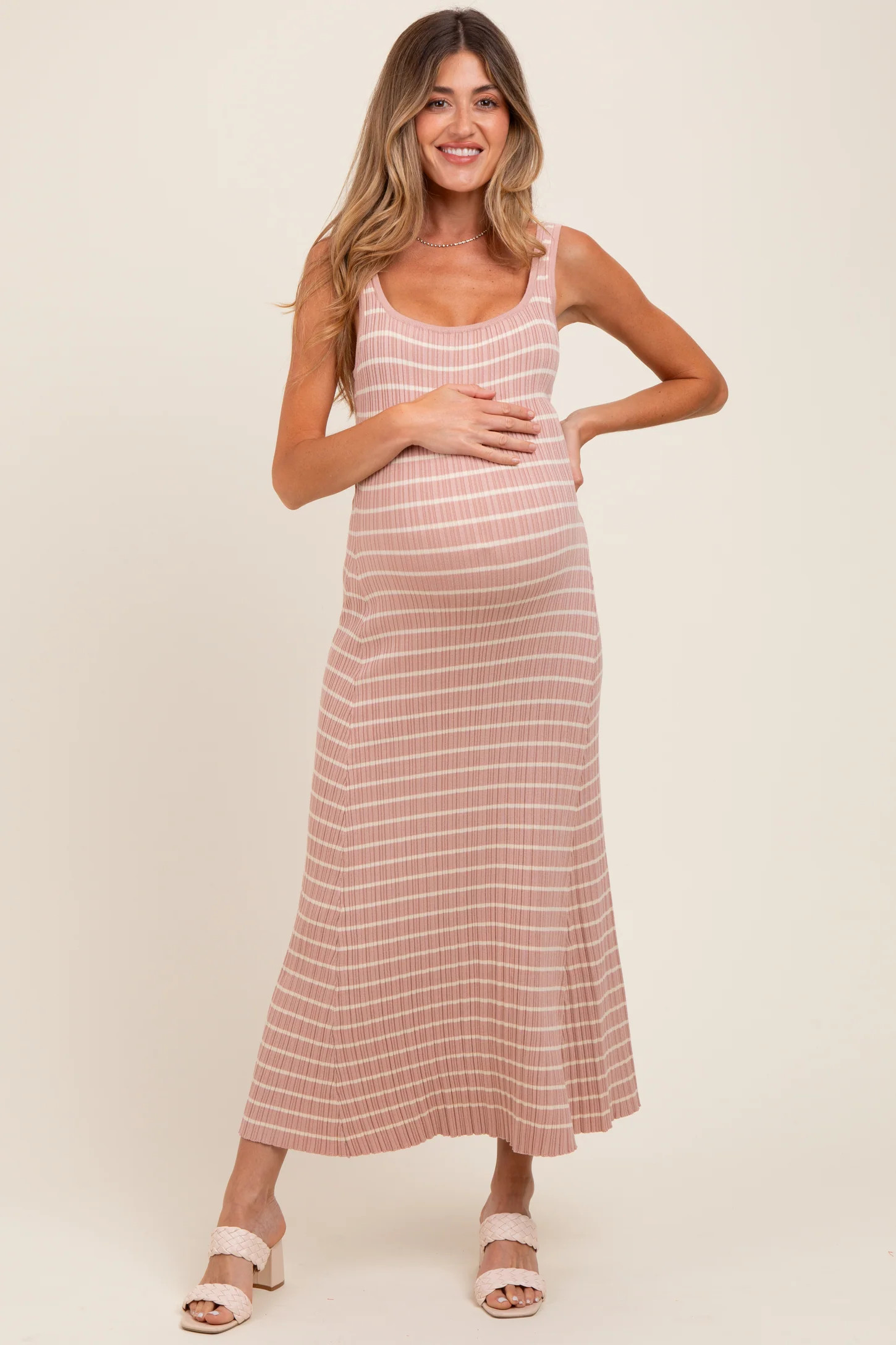 Blush/Cream Lightweight Rib Fit And Flare Maternity Midi Dress | PinkBlush Maternity