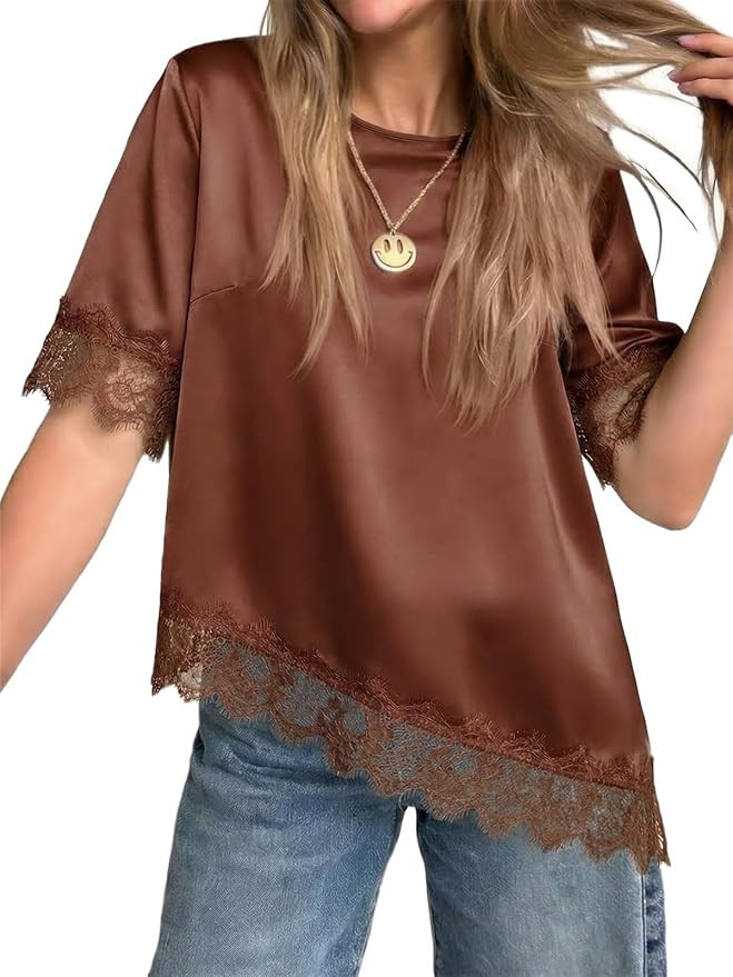 Tankaneo Blusa de seda satinada para mujer, manga corta, ajuste holgado, con encaje, para verano, casual, asimétrica | Amazon (US)