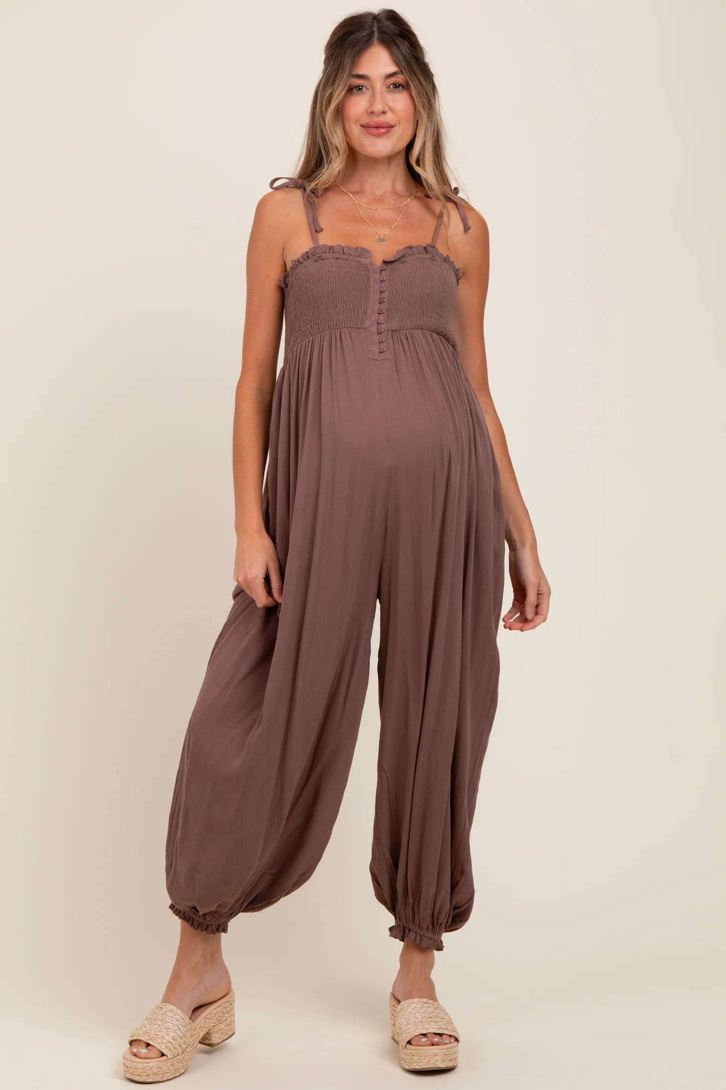 Mocha Smocked Button Front Shoulder Tie Maternity Jumpsuit | PinkBlush Maternity