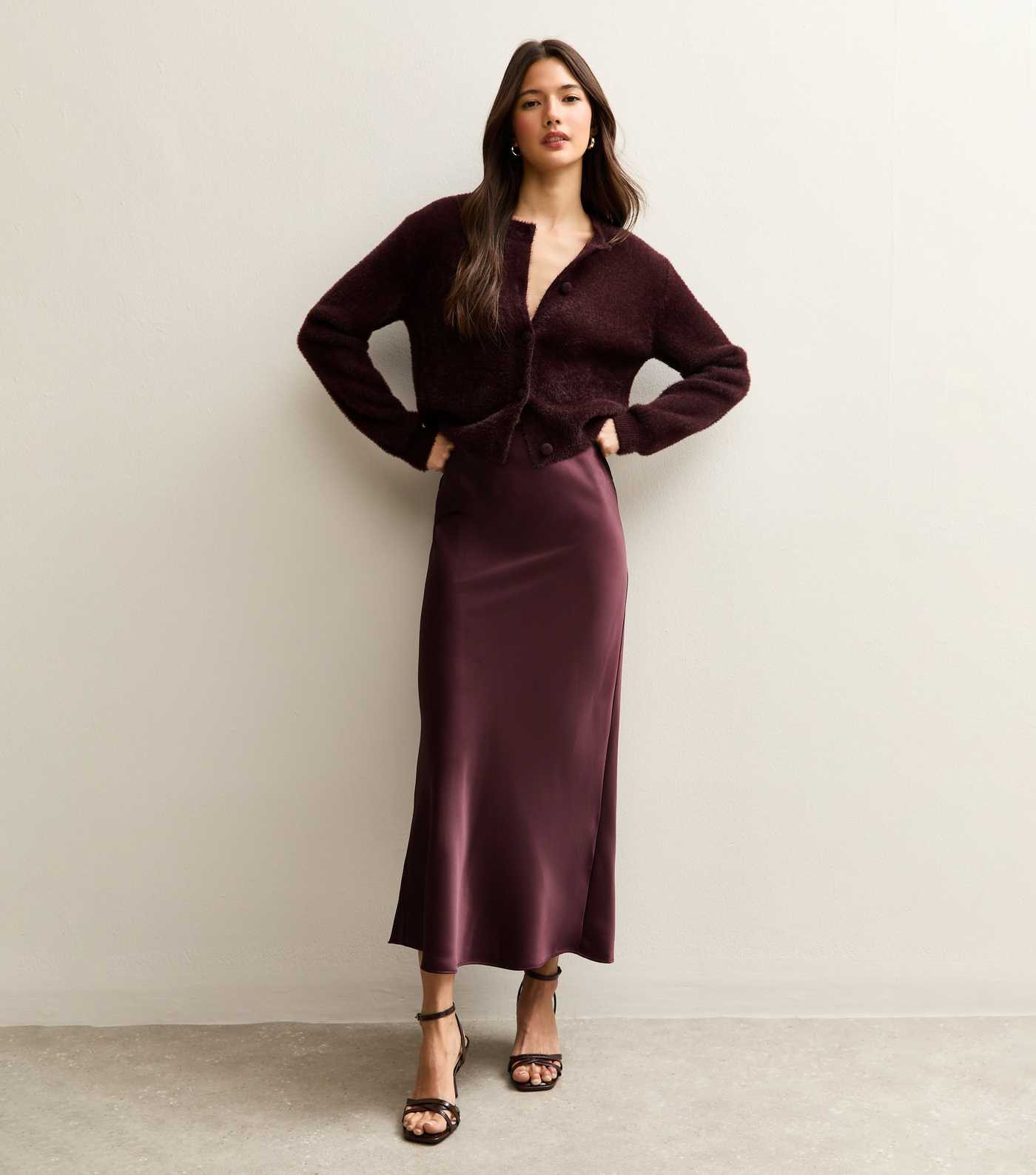 Dark Burgundy Satin Bias Cut Midi Skirt | New Look | New Look (UK)