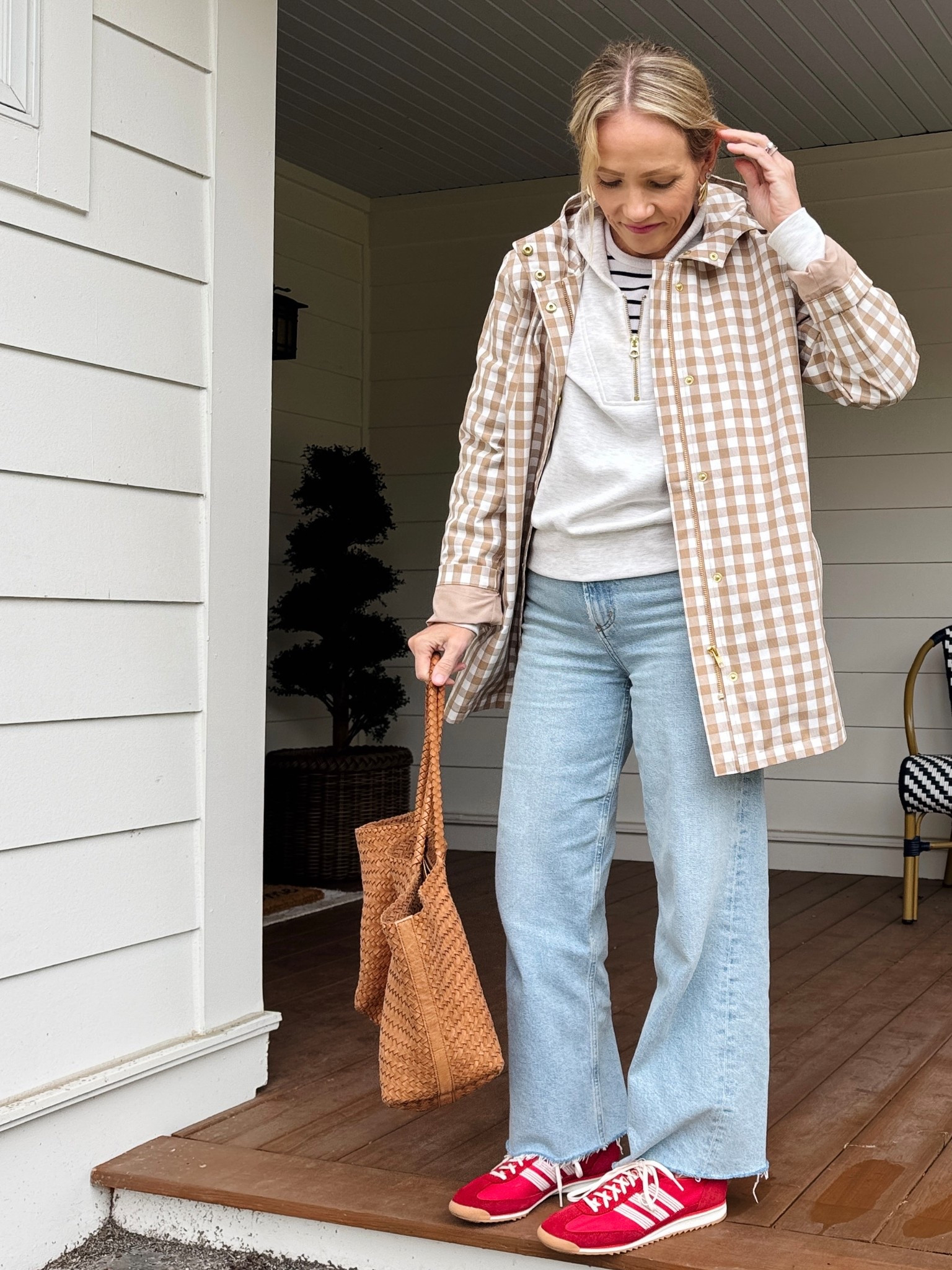 code NEWARRIVALS at J.Crew Factory, wearing my regular size small in the viral gingham rain jacket ~ code HELLOVARLEY on my half zip, wearing a small ~ Sezane stripe tank true to size ~ adidas SL72 sneakers size half down ~ linked similar earrings ~ Agolde Ren jeans fit tts (5'3") ~ xo, Claire

#LTKootd #LTKOver40 #LTKSeasonal