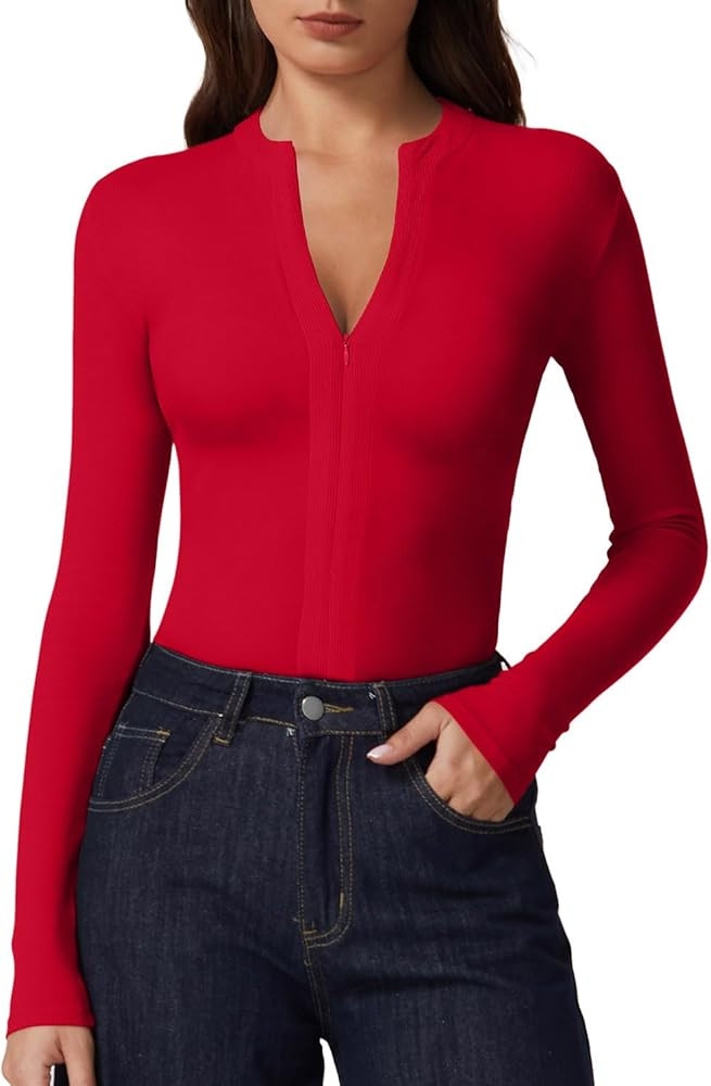 QINSEN Long Sleeve Shirts for Women V Neck Half Zipper Ribbed Knit Going Out Tops Full Length Bas... | Amazon (US)