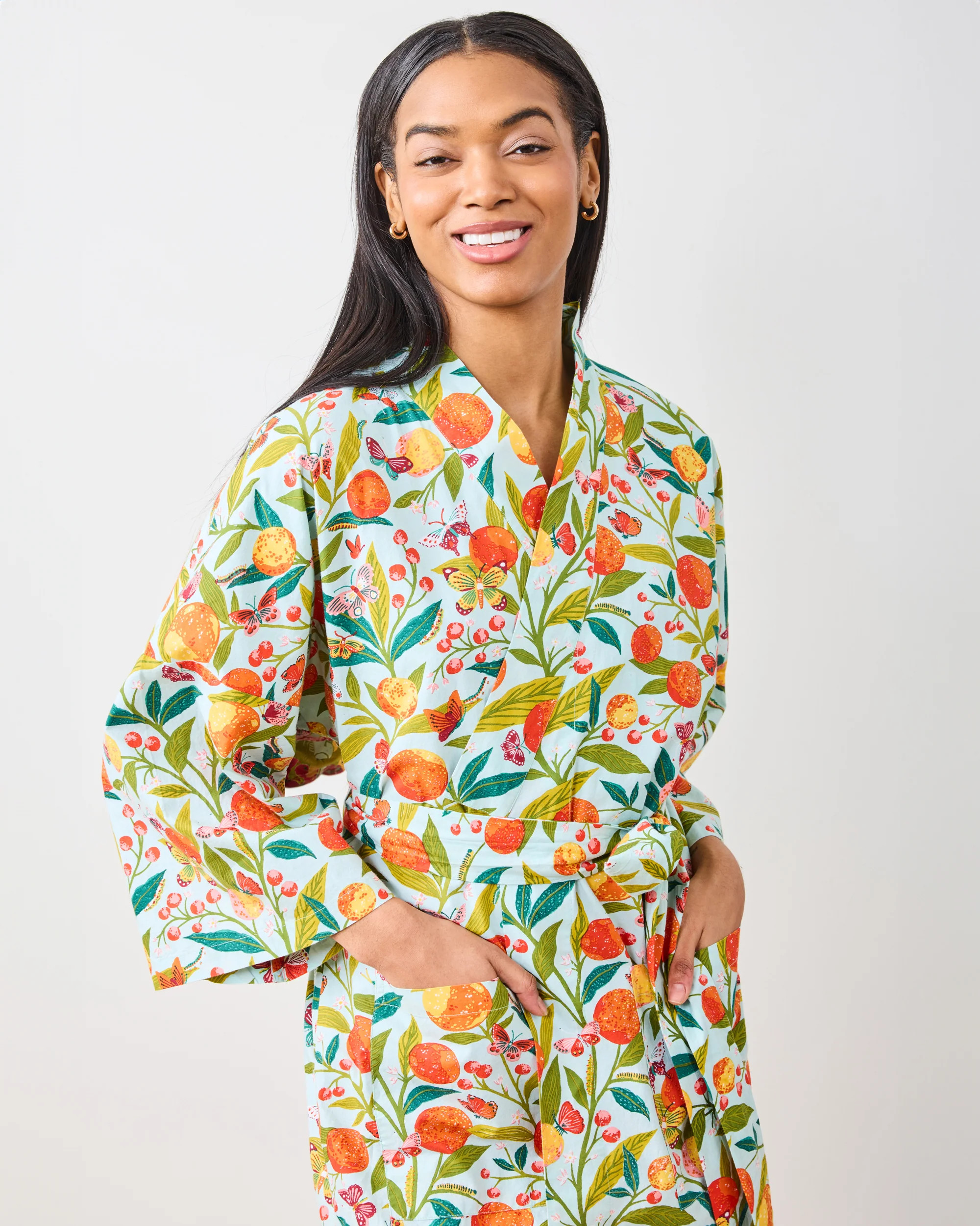 Butterfly Grove - Women's Organic Cotton Long Robe - Soft Blue | Printfresh