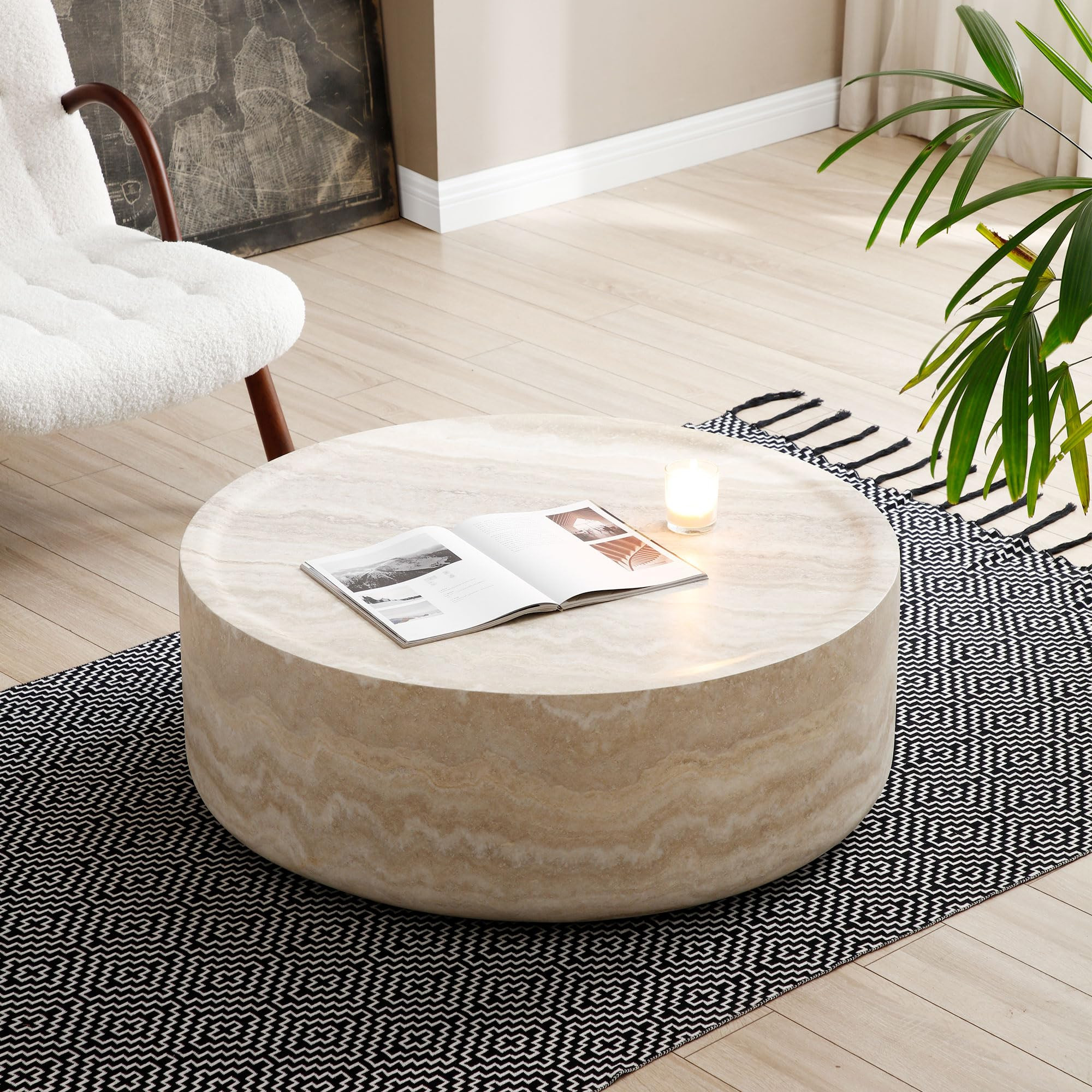 Round Coffee Table, Modern Tea Faux Travertine Textured Table Fiberglass Center Table for Living ... | Amazon (US)