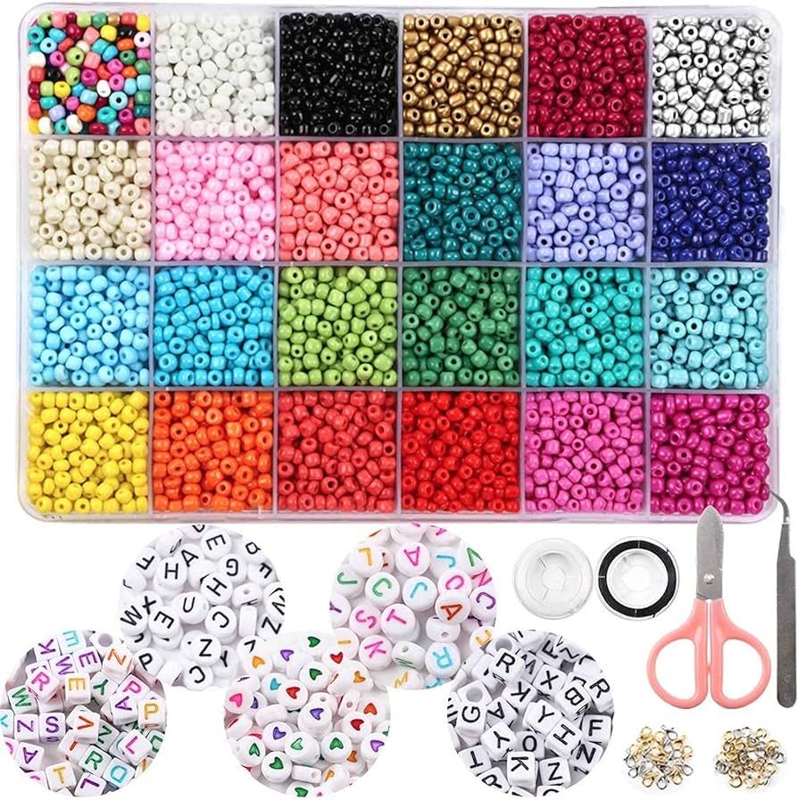 OUTUXED 7200pcs 4mm Glass Seed Beads for Bracelets Making Kit 300pcs Alphabet Letter Beads for Je... | Amazon (US)