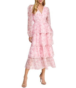Layered With Love Amanda Organza Chiffon Floral Print V-Neck Long Sleeve Ruffle Tiered A-Line Mid... | Dillard's
