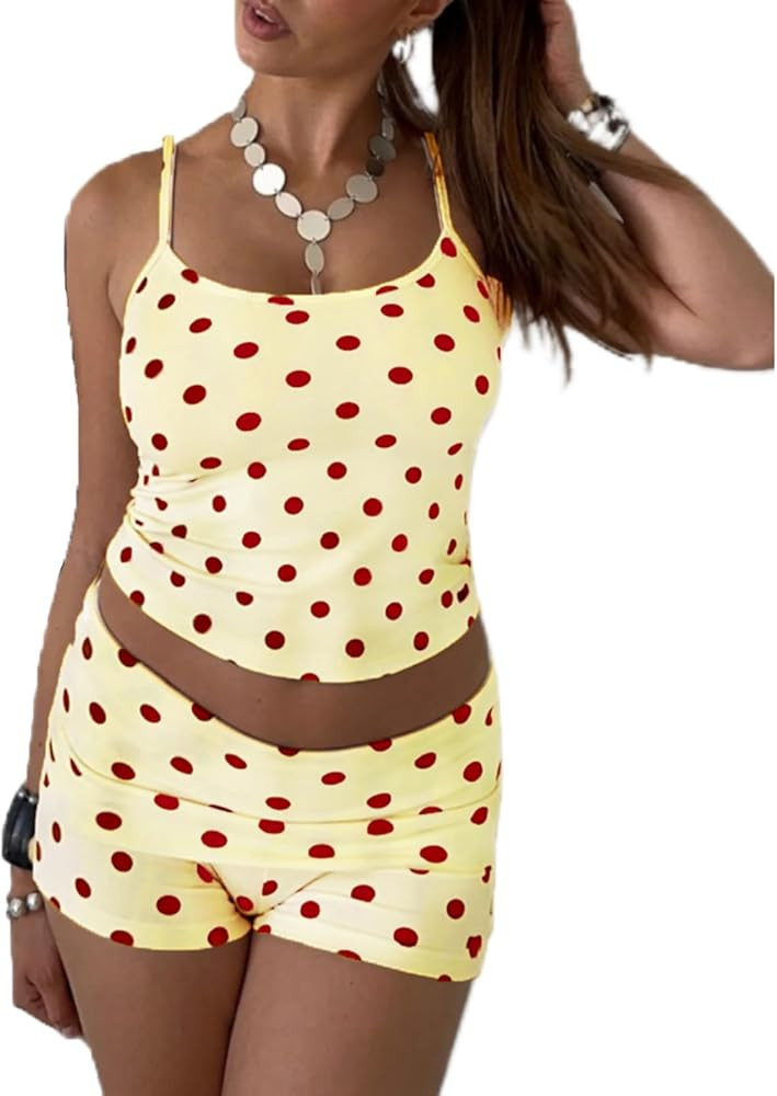 RUEWEY Women Y2K Polka Dot Pajama Set Sleeveless Slim Crop Cami Tank Fold Over Shorts Teen Girls ... | Amazon (US)