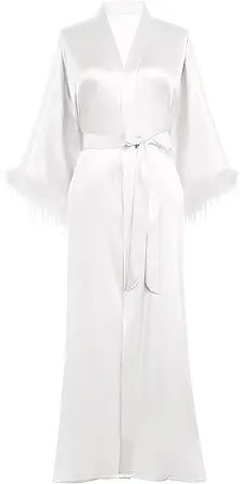 PRODESIGN Satin Kimono Robe Long Bath Robe with Ostrich Feather Trim Sleepwear Wedding Bridesmaid... | Amazon (US)
