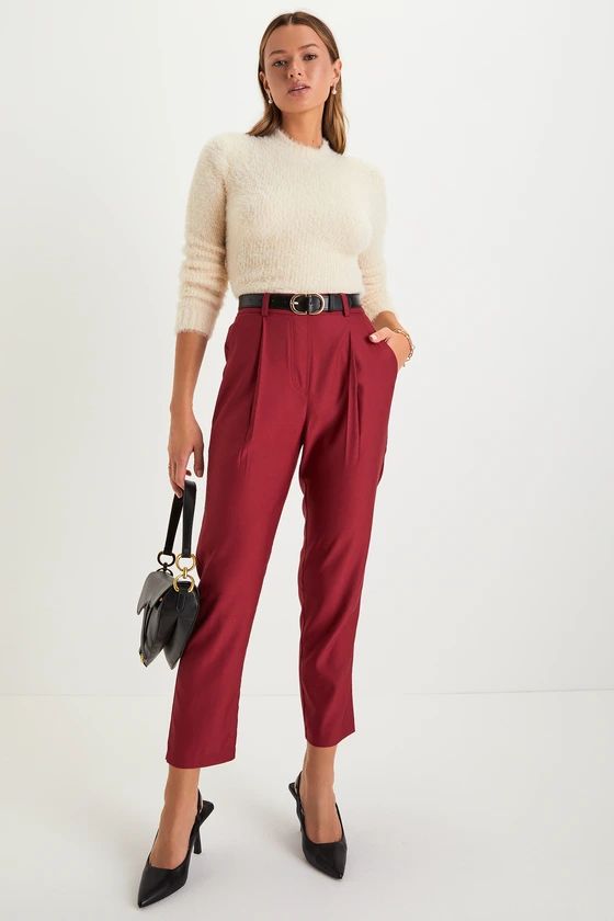 Business Behavior Wine Red Twill High Rise Tapered Trouser Pants | Lulus
