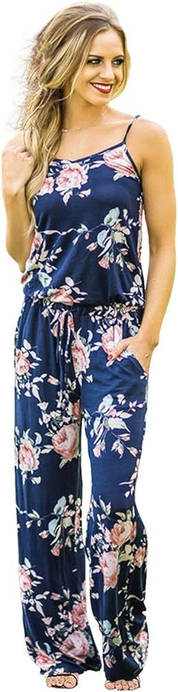 Women's Floral Printed Jumpsuits Solid Rompers Casual Comfy Striped Jumpsuit with Pockets | Amazon (US)