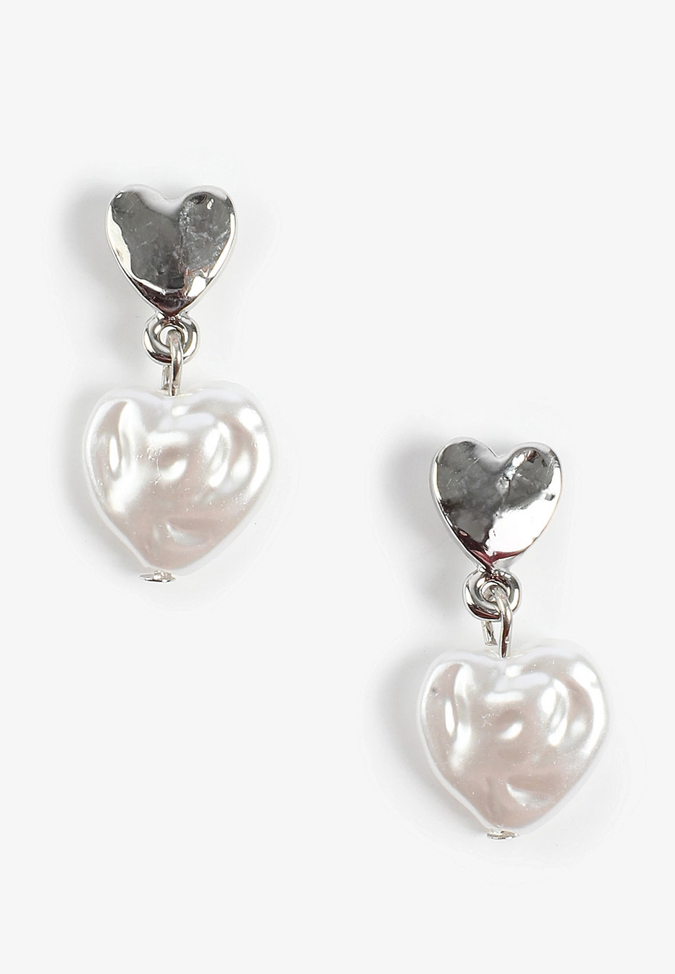 Silver Hammered Heart And Faux Pearl Drop Earrings | Maurices