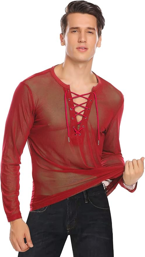 COOFANDY Mens Sexy Lace up See Through Long Sleeve T Shirt Mesh Undershirts | Amazon (US)