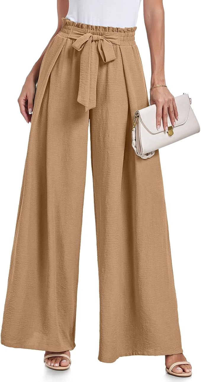 Wide Leg Pants for Women High Waisted Palazzo Pants Work Casual Flowy Tie Knot Trousers with Pock... | Amazon (US)