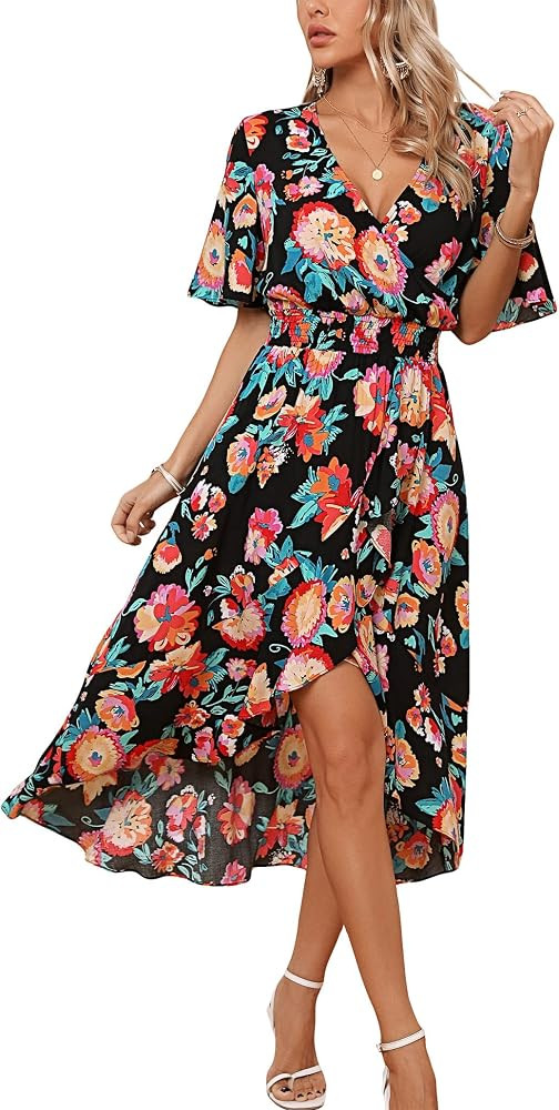 Kormei Womens Short Sleeve Floral High Low V-Neck Flowy Party Long Maxi Dress | Amazon (US)