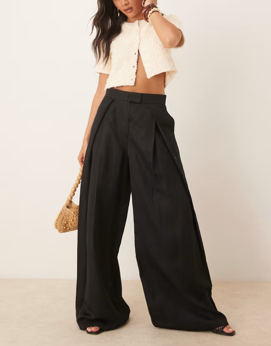 Mango linen mix open pleat front tailored pants with waistband detail in black | ASOS (Global)