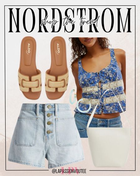 Step into summer bliss with Nordstrom's Shop the Trend: floral eyelet tank tops, denim shorts, and sleek slide sandals. Complete your ensemble with statement hoop earrings and a faux leather bucket bag for a touch of sophistication. Embrace the sunshine in style with this effortlessly chic look!

#LTKSeasonal #LTKstyletip