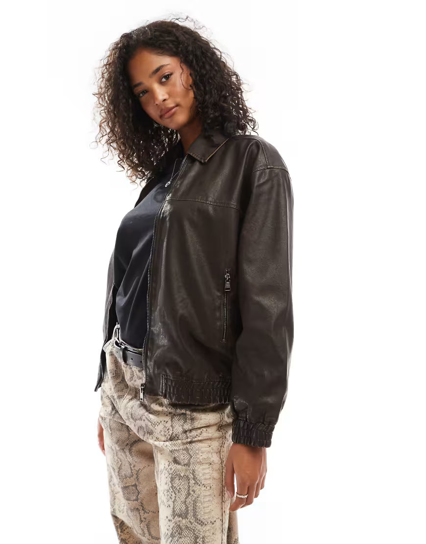 Pull&Bear faux leather Dad jacket in chocolate brown | ASOS (Global)