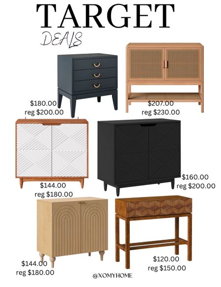 These are amazing deals on Treshold furniture from Target: 2 door natural brown cabinet, 2 door arches natural storage cabinet, 2 door black storage cabinet,  brown/white chest, geometric front console table light brown, 3 drawer nightstand. 

#LTKstyletip #LTKsalealert #LTKhome