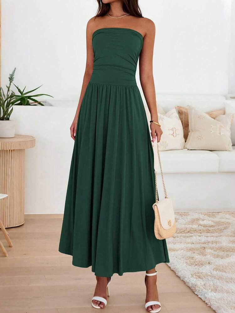 Women Summer Strapless Dress Sleeveless Tube Dress Ruched Flowy Side Pocket Bandeau Maxi Dress Casual Spring Vacation Holiday Beach Cocktail Wedding Guest Midi Dresses Outfits | SHEIN