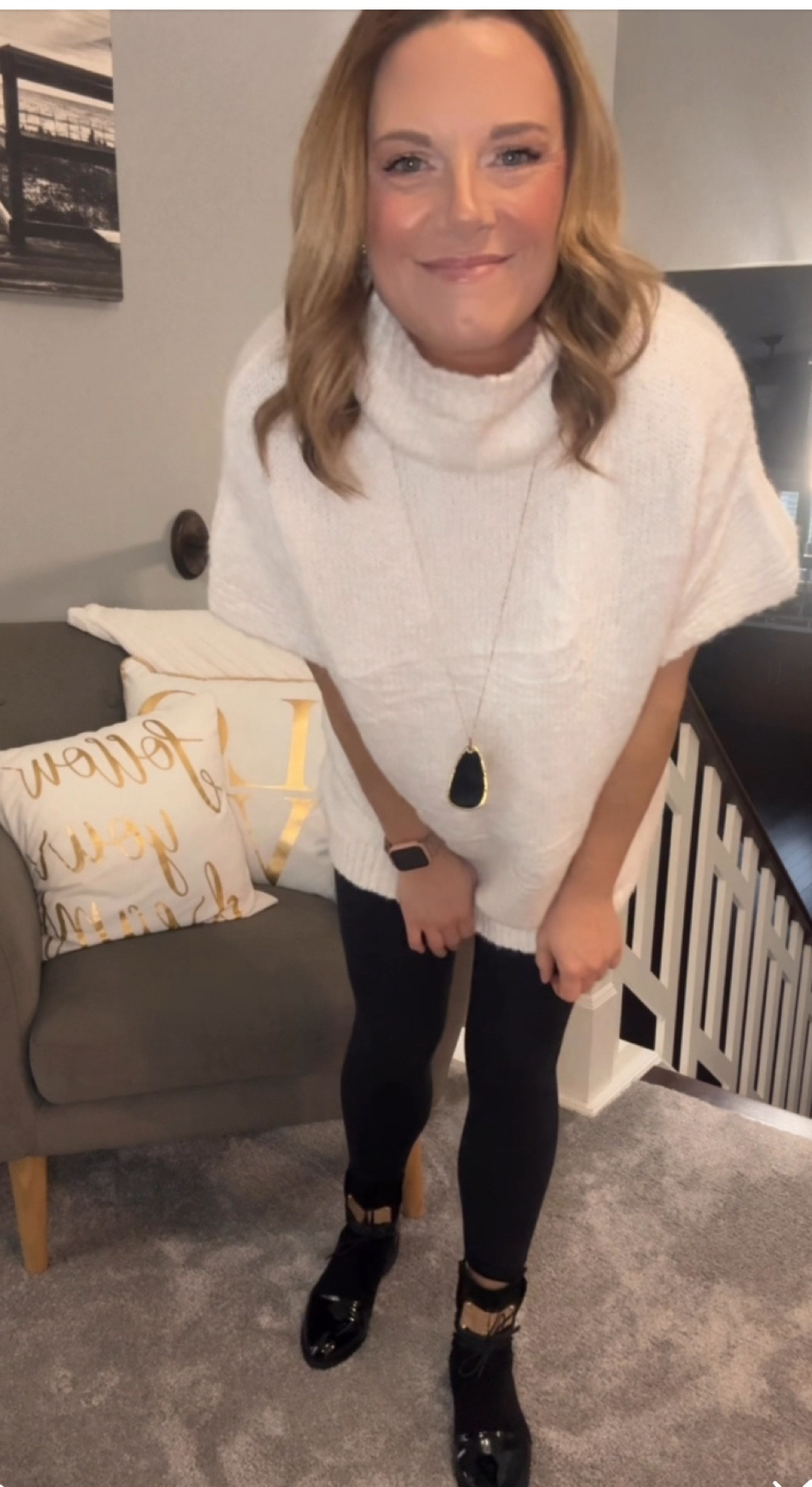 Super soft cowl neck legging friendly short sleeve sweater 
Butter soft leggings with pockets 
Pointy toe black and gold boots 

#LTKMidsize #LTKOver40 #LTKFindsUnder50