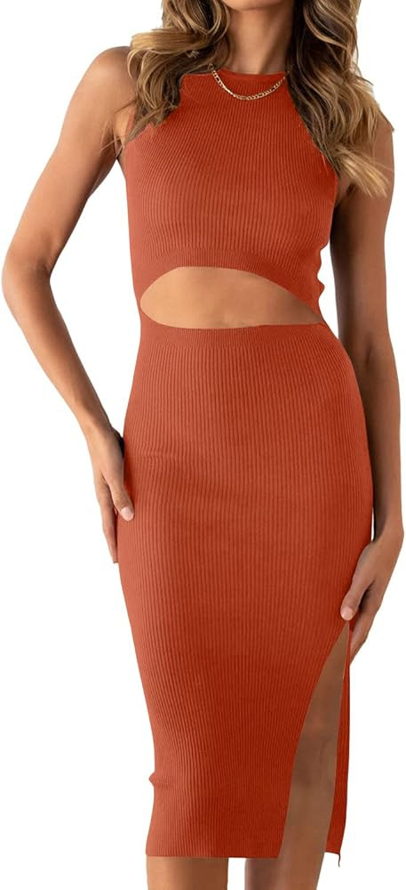 PRETTYGARDEN Women's Summer Midi Bodycon Dresses Casual Crew Neck Side Slit Sleeveless Knit Cut O... | Amazon (US)
