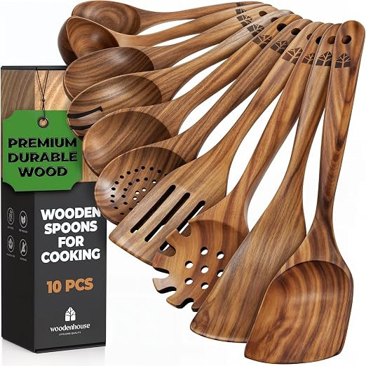 Wooden Spoons for Cooking – 10 Pc Teak Wood Utensil Set, Durable, Nonstick Safe & Heat Resistan... | Amazon (US)