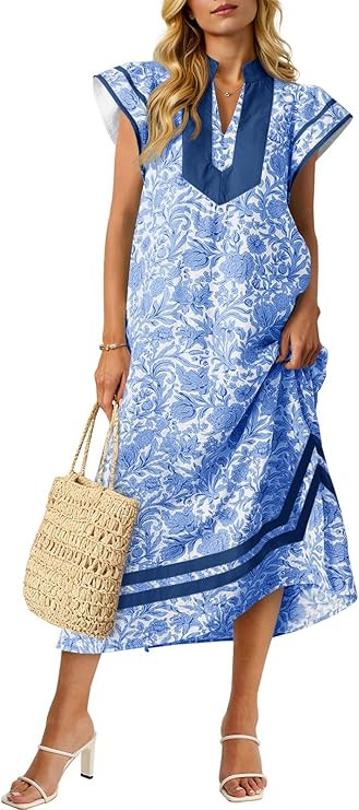 Wenrine Womens Summer Floral Maxi Dress Casual Short Cap Sleeve V Neck Color Block Side Slit Loos... | Amazon (US)