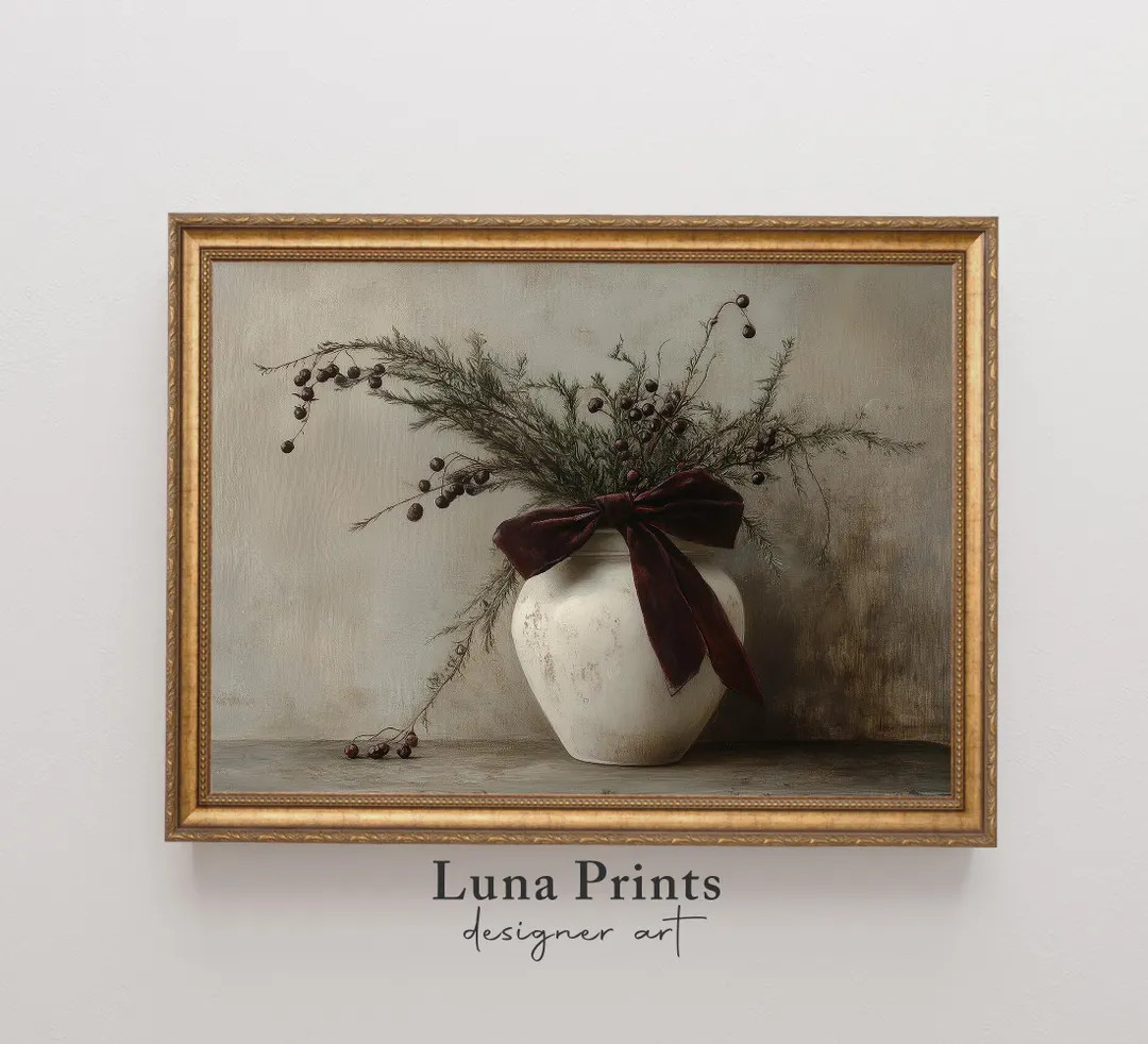 Holiday Floral Art, Printable Moody Christmas Art, Vintage Botanical Winter Print, Dark Red Chris... | Etsy (US)