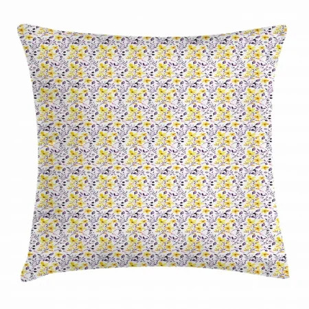 Floral Throw Pillow Cushion Cover Purple Leaves and Yellow Flowers Watercolor Foliage and Petals Sum | Walmart (US)
