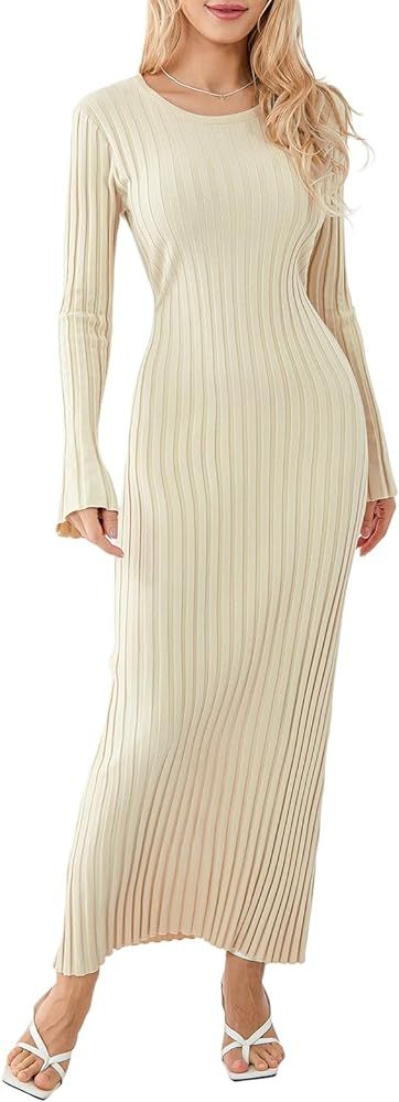 Women Ribbed Knit Long Sleeve Maxi Dress Slim Fit Solid Color Bodycon Pencil Long Dress Casual Fa... | Amazon (US)