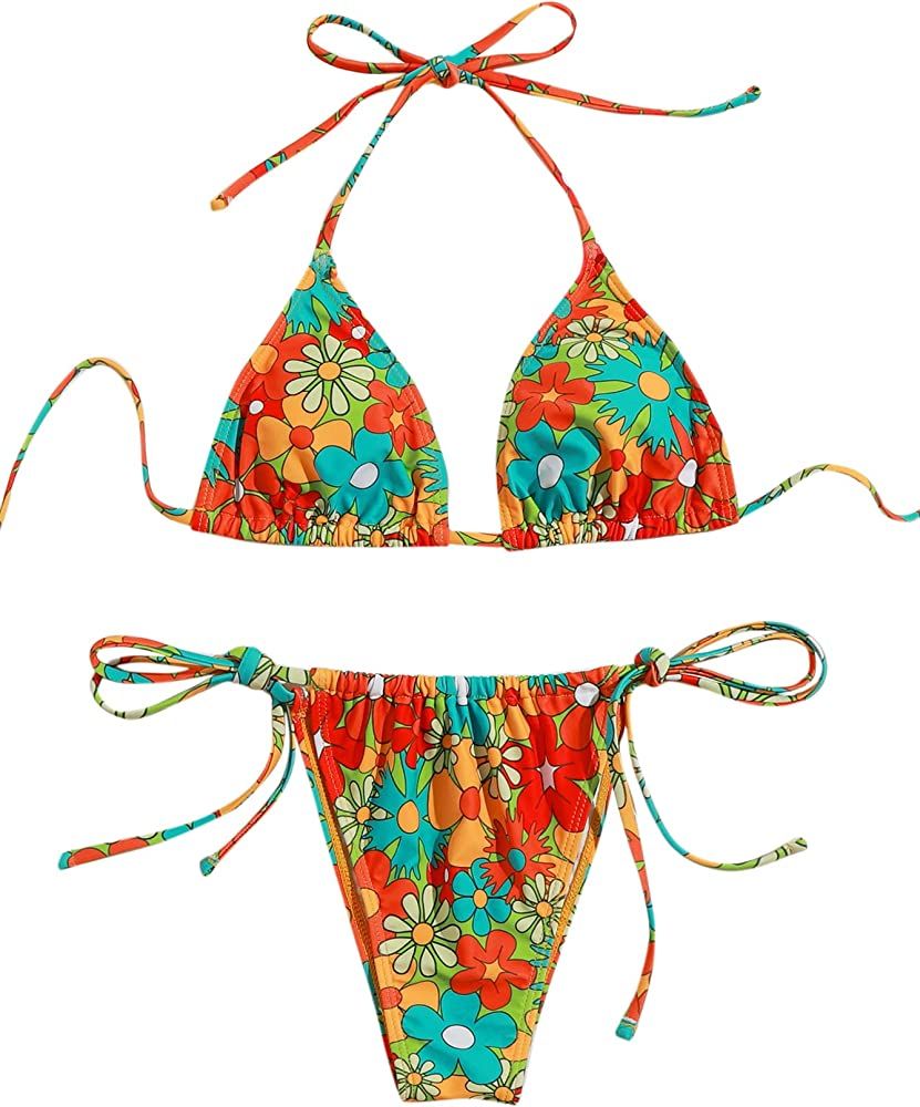 SOLY HUX Women's Floral Print 2 Piece Swimsuits Cute Bikini Set Halter Triangle Sexy Bathing Suit | Amazon (US)